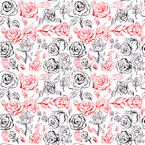玫瑰花黑色摄影照片_白色背景上的黑色和红色玫瑰无缝图案。
