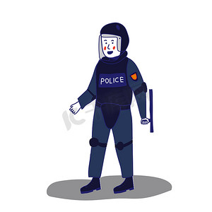 卡通法律摄影照片_穿着制服的警察站在卡通风格的白色背景上，拿着盾牌和警棍。