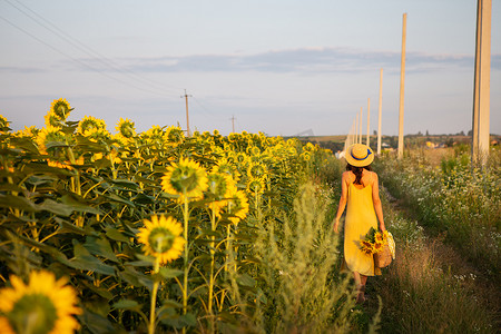 一个身穿黄色连衣裙、头戴草帽的女孩走在一大片向日葵花田中央，手里拿着一束装在草编袋子里的向日葵。