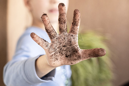 特写孩子的手在泥土里脏了