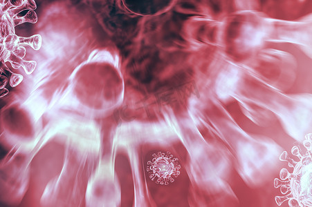 红色背景上的细菌细胞 3D 渲染。