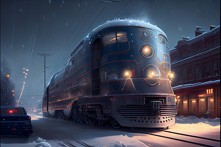 进口香水摄影照片_极地特快列车沿着居民楼穿过雪城