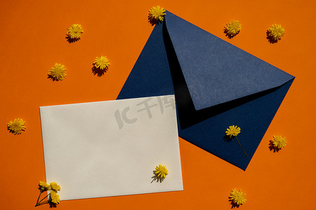 橙色背景的邮政蓝色信封上美丽的黄色洋甘菊小雏菊花，空白的纸条复制空间，用于文本，春天，节日贺卡。