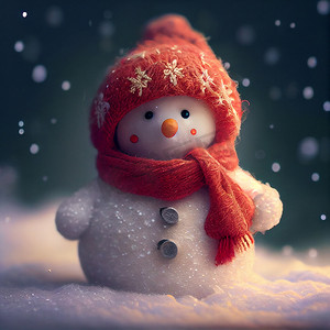雪地上戴着红色帽子和围巾的可爱雪人