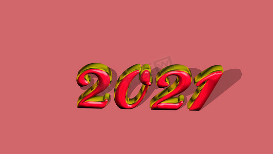 金色纯色背景摄影照片_带有粉红色背景的 3D 纯金色、纯色闪亮文字“2021”。