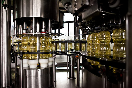 自动化的生产线摄影照片_瓶子里的葵花籽油在生产线上移动。