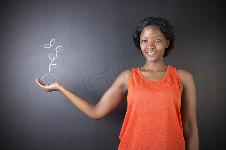 植物黑板摄影照片_反对黑板粉笔种植植物的南非或非裔美国女教师或学生