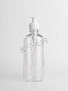 带分配器无气泵的空白模型塑料透明瓶，使用凝胶、肥皂、酒精、奶油和化妆品的标签和广告。