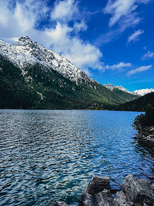 自然亲近摄影照片_波兰扎科帕内 Polish Tatry 山脉的 Morskie Oko 湖雪山小屋。