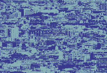 双色调摄影照片_一张蓝色双色调处理过的全景空中城市景观照片，显示住宅区和商业区以及可见的数百座建筑物