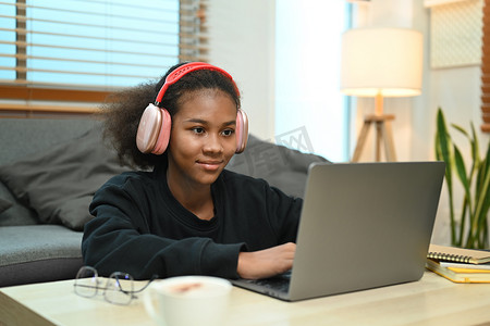 在笔记本电脑上的虚拟教室中集中观看在线学习的少女