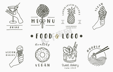 媒摄影照片_食品标志系列，包括蛋糕、饮料、面条、冰淇淋。病媒