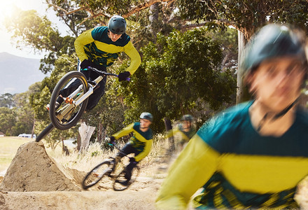 跳高运动员摄影照片_户外运动、骑自行车和骑自行车，在骑马公园进行运动员和极限运动、跳高和特技表演。