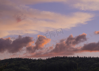 太阳橙色摄影照片_绿色森林地平线上的粉色橙色夕阳云