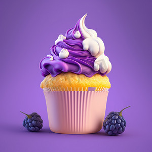 紫色纯摄影照片_紫色背景上带有紫色白色奶油的蛋糕。