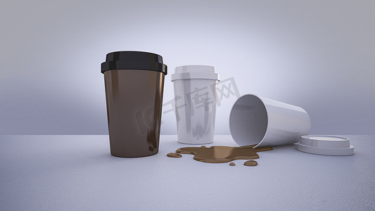 白色和棕色咖啡杯 3d 渲染的样机图片。