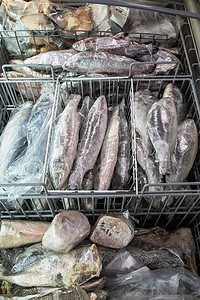 广告海鲜摄影照片_鱼市场冰箱里的冷冻海鲜。