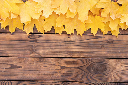 文本框橙色摄影照片_木制背景上的秋叶框顶视图秋天边界黄色和橙色叶子复古木桌复制文本空间。