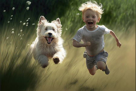 最快乐的小男孩带着毛茸茸的小狗一起在田野里奔跑。