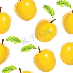 插图现实主义无缝图案水果苹果黄色颜色在白色孤立的背景上