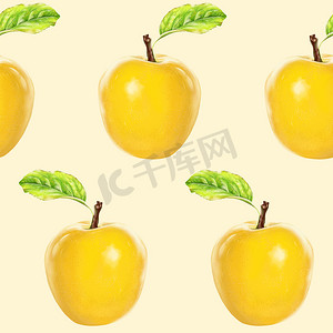 插图现实主义无缝图案水果苹果黄色浅黄色背景