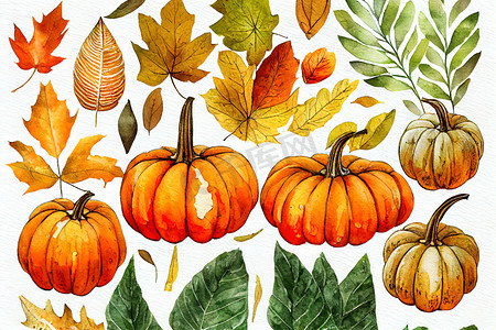 树叶水彩摄影照片_秋季植物框架与水彩南瓜、 树叶、 树枝。
