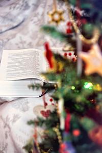 在带灯的圣诞树附近打开厚厚的书