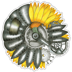 五颜六色的蒸汽朋克向日葵手绘插图贴纸。