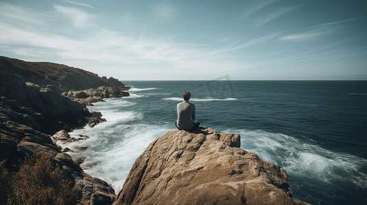坐在海边摄影照片_一个人坐在海边的岩石上