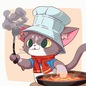 卡通饭馆摄影照片_厨师的猫戴着厨师帽的卡通形象，他在厨房里做饭，卡通