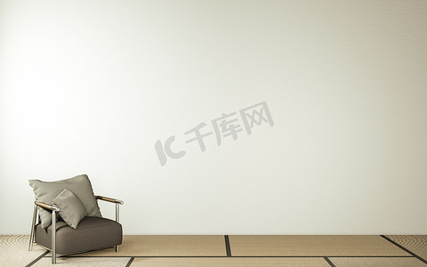 现代禅宗客厅内部、白色沙发和日本装饰