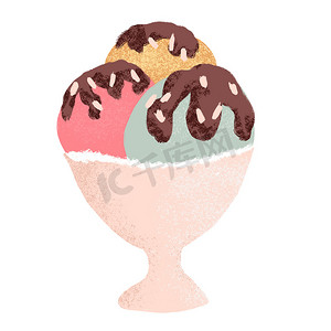 食物可爱风格摄影照片_杯碗中冰淇淋的手绘插图，复古风格。