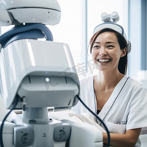 亚洲医生、机器人和医院未来医疗保健的进步、微笑和 ai 机器技术。