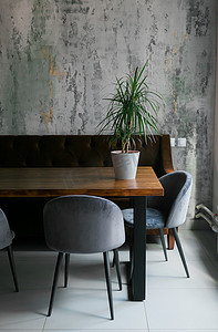 木桌上的灰色椅子和锅中的绿色植物，在带窗户的极简主义咖啡馆内部