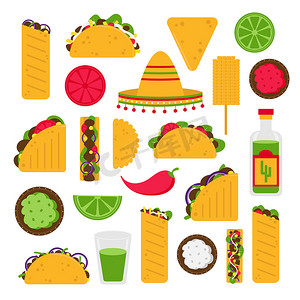 卡通玉米摄影照片_以卡通矢量风格设置的墨西哥食物。