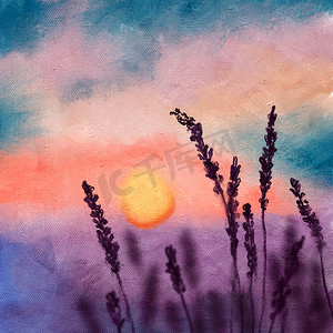 蓝色橙色天空紫色草植物中日落日出的手绘插图。