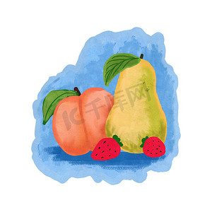 桃子汁手绘摄影照片_蓝色背景下红草莓黄梨的手绘插图静物。