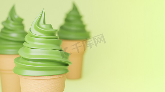 软冰淇淋摄影照片_绿色背景脆锥上的绿茶口味软冰淇淋。3d 模型和插图。