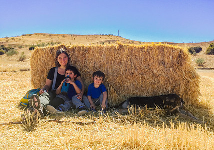 带着孩子和狗的母亲躲在稻草后面躲避炎热的天气