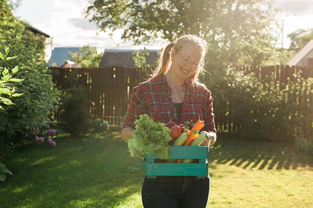 农耕采摘摄影照片_女农民提着一盒采摘的蔬菜-花园和收获农产品进行网上销售。