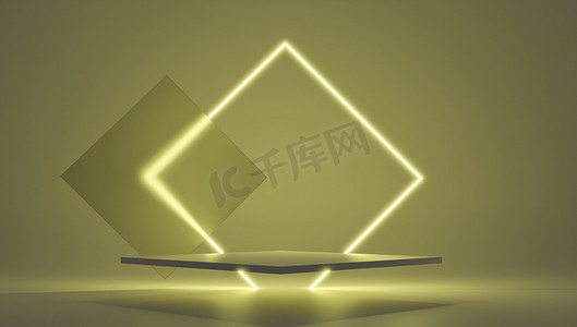 3d太阳摄影照片_3d 渲染黄色平台，带有霓虹灯和透明玻璃环。