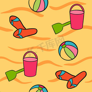 手绘无缝图案与夏季沙滩玩具在黄沙上。