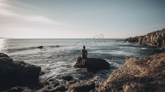 坐在海边摄影照片_一个人坐在海边的岩石上