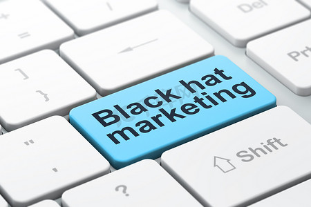 黑蓝色按钮摄影照片_经营理念： 电脑键盘背景上的黑帽营销