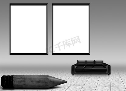装饰海报背景摄影照片_两个白色框架的模拟海报和一张躺在地板上的沙发，上面有一个巨大的铅笔形装饰。