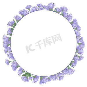 手绘植物花环摄影照片_手绘花花环与蓝色花朵。