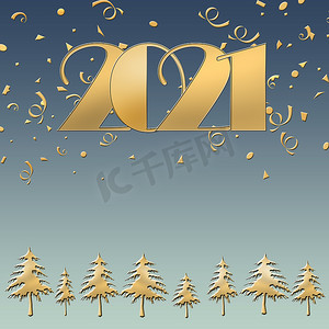 2021 年新年快乐，圣诞快乐，优雅的金色贺卡，带光。
