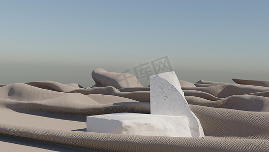 3d 在多风的沙漠中渲染沙子讲台用于产品展示。