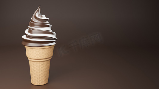 棕色背景脆锥上的巧克力和牛奶口味软冰淇淋。3d 模型和插图。