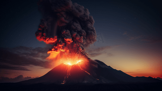 扁平插烟雾画摄影照片_火山在喷发到夜空时会喷出烟雾。